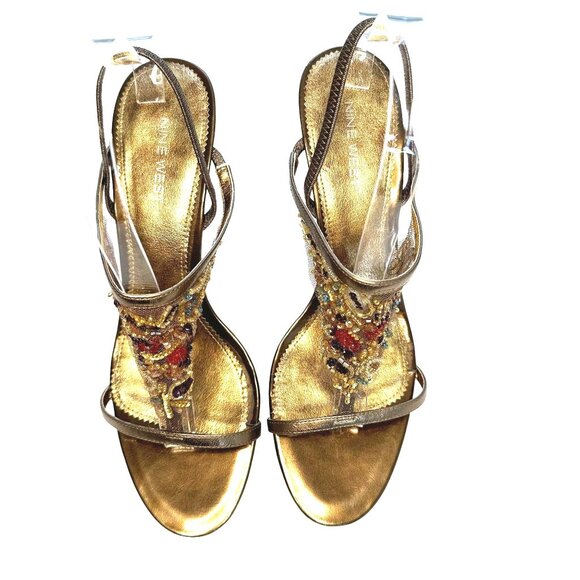 Nine West Bronze Women's Leather Mesh Beaded Sequin T-Strap Heels 9.5 4-inch hee - Picture 3 of 9